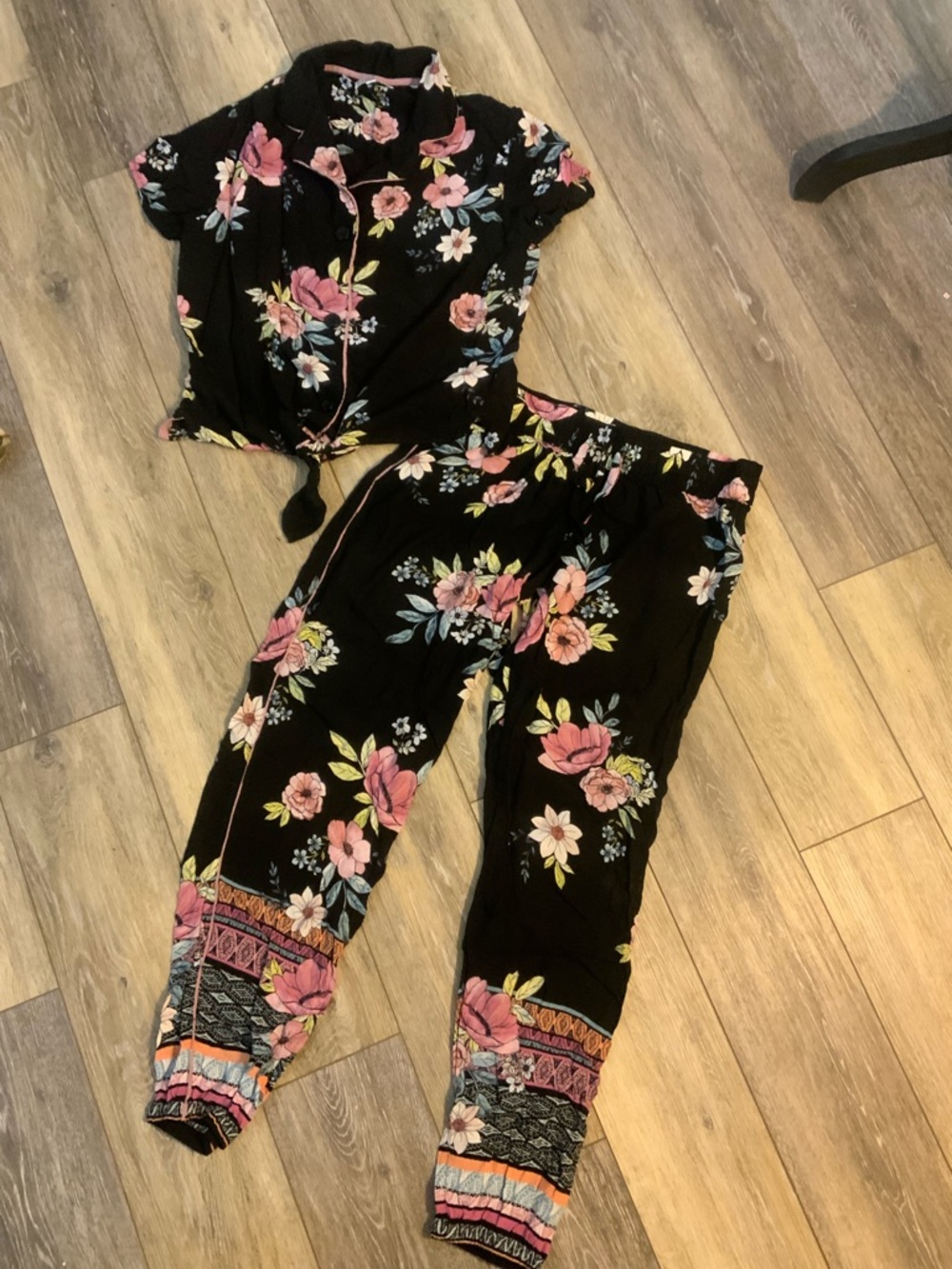 P.J. Salvage Black Floral Pajama Set with Pink & White Blooms